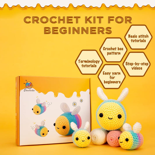 NOSTOSON Crochet Kit for Beginners, 3 Bee Family (40%+ Yarn Content)