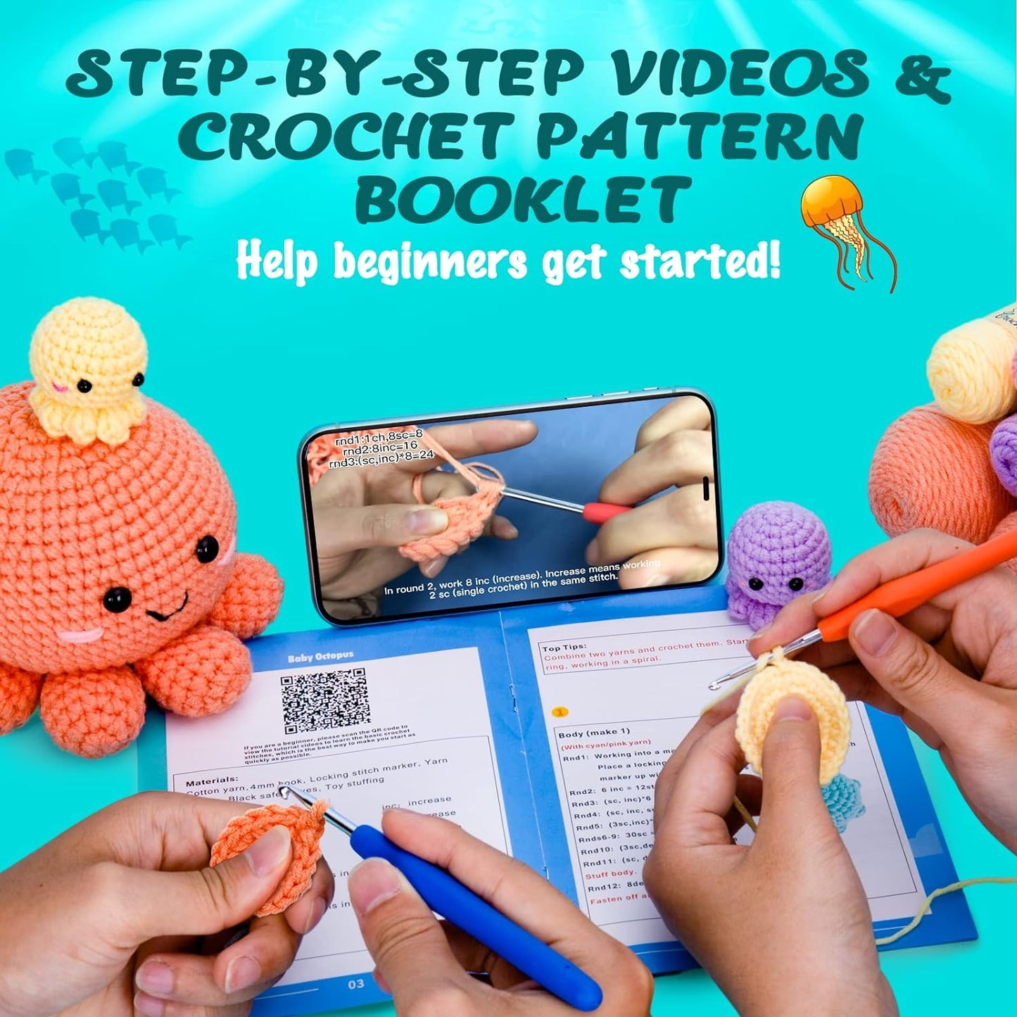 NOSTOSON Crochet Kit for Beginners, Jumbo 3 Nestable Octopus Familly (40%+ Yarn Content)