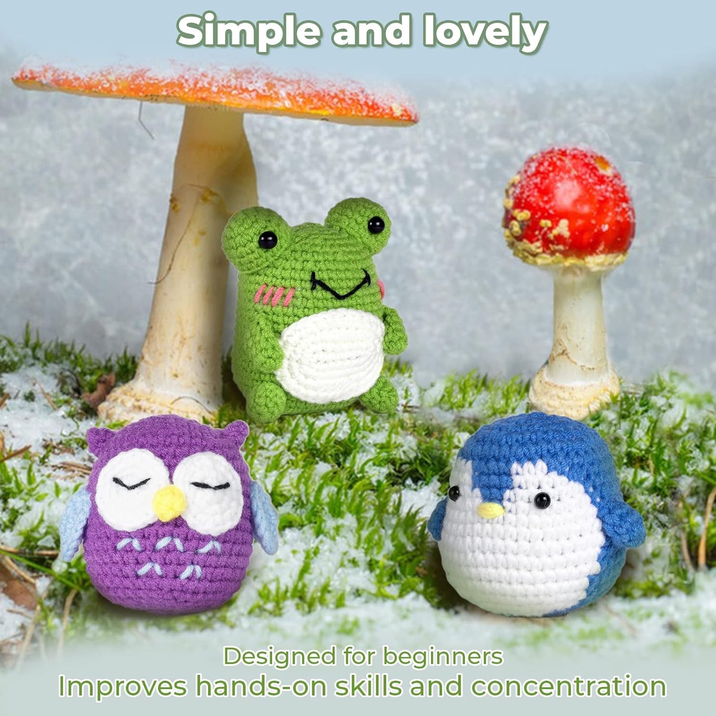 NOSTOSON Crochet Kit for Beginners, 3 Pattern Animals-Owl, Penguin, Frog