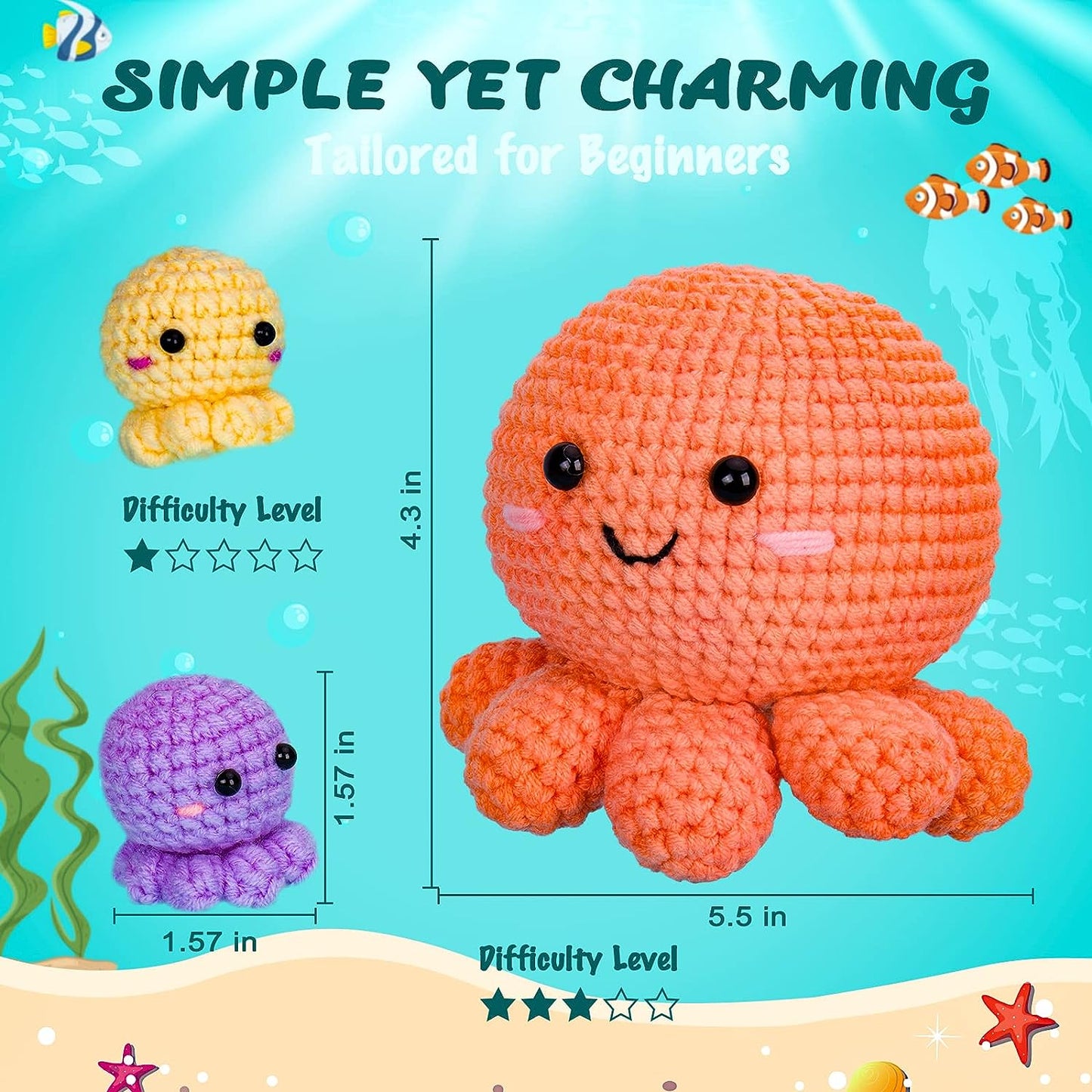 NOSTOSON Crochet Kit for Beginners, Jumbo 3 Nestable Octopus Familly (40%+ Yarn Content)