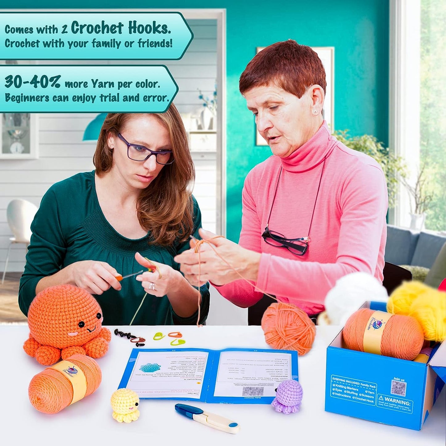 NOSTOSON Crochet Kit for Beginners, Jumbo 3 Nestable Octopus Familly (40%+ Yarn Content)