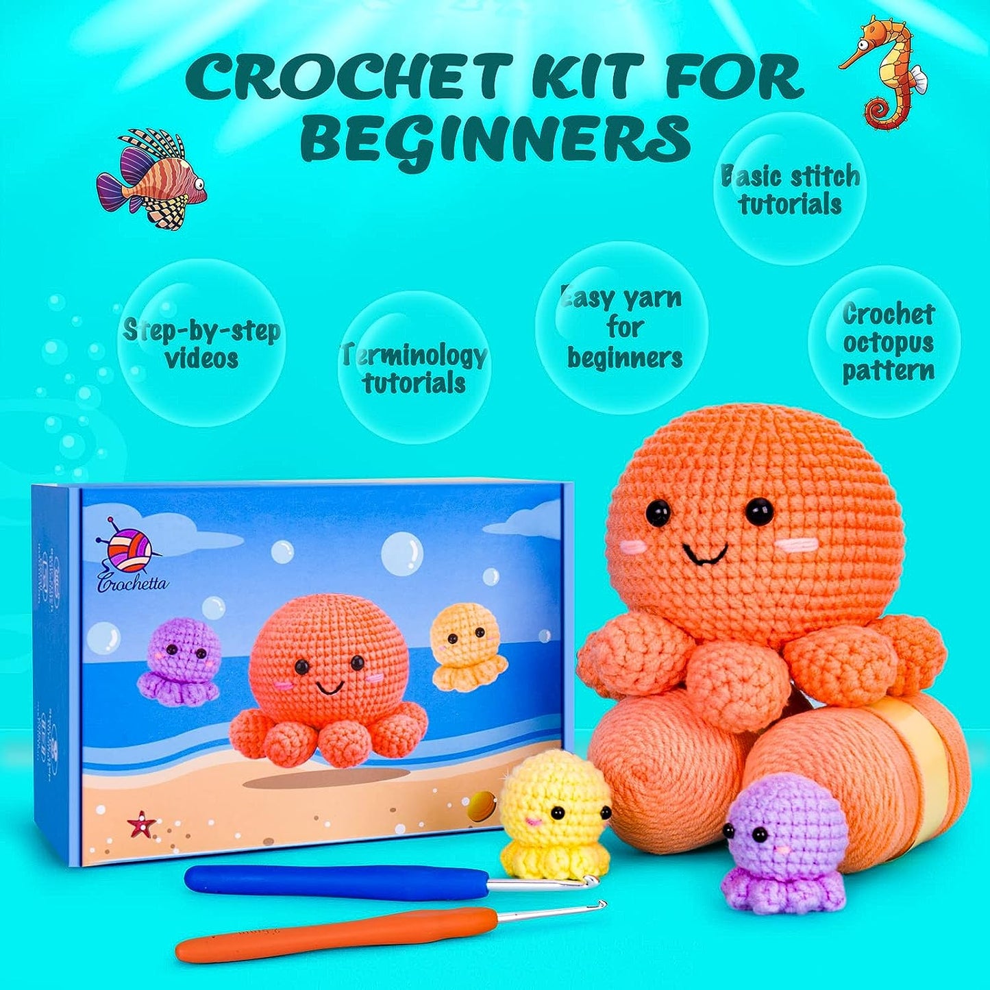 NOSTOSON Crochet Kit for Beginners, Jumbo 3 Nestable Octopus Familly (40%+ Yarn Content)