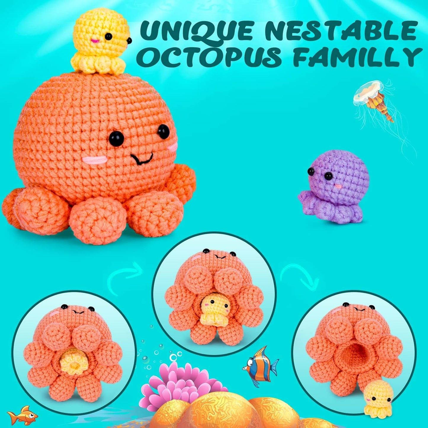 NOSTOSON Crochet Kit for Beginners, Jumbo 3 Nestable Octopus Familly (40%+ Yarn Content)