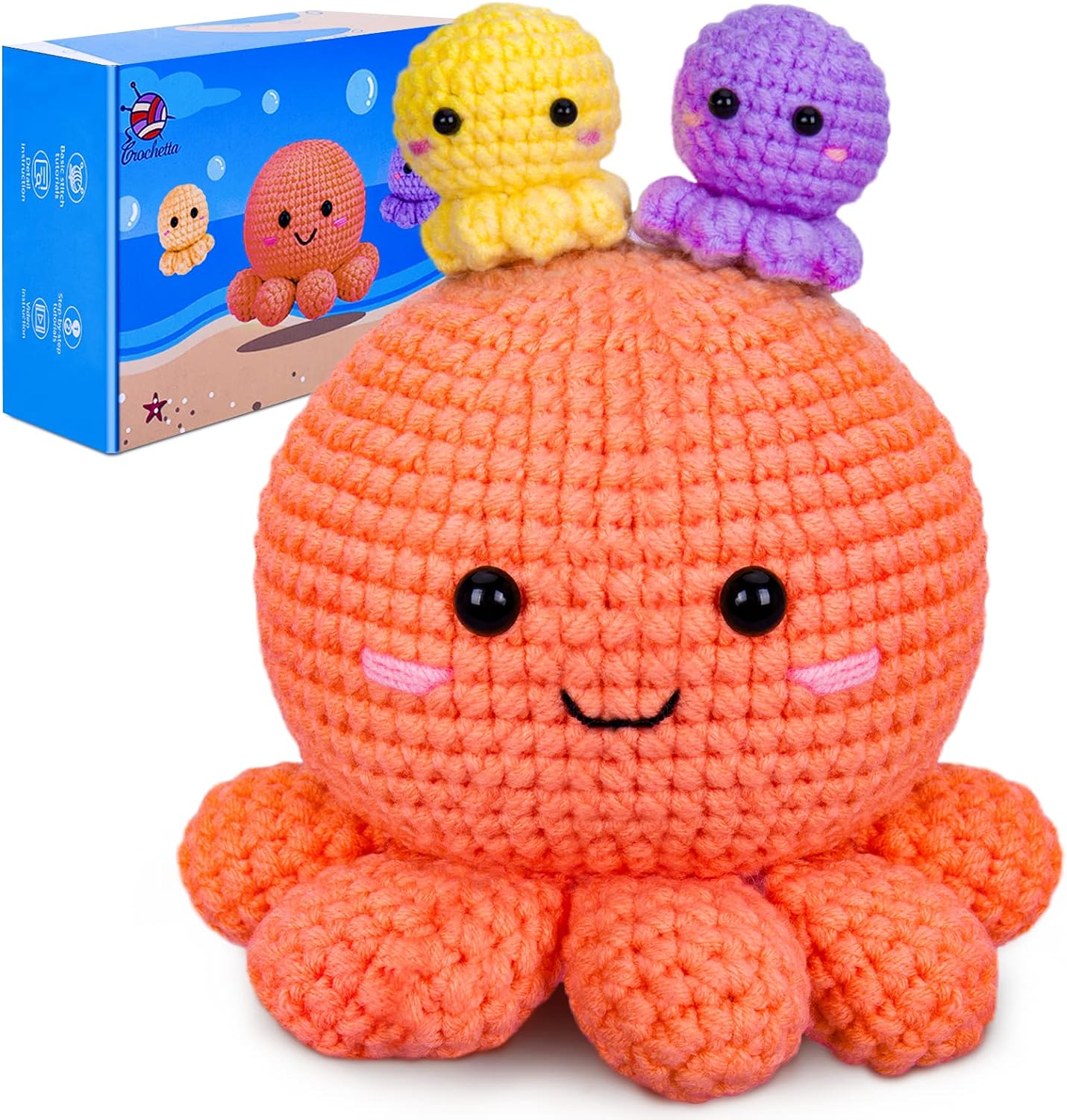 NOSTOSON Crochet Kit for Beginners, Jumbo 3 Nestable Octopus Familly (40%+ Yarn Content)